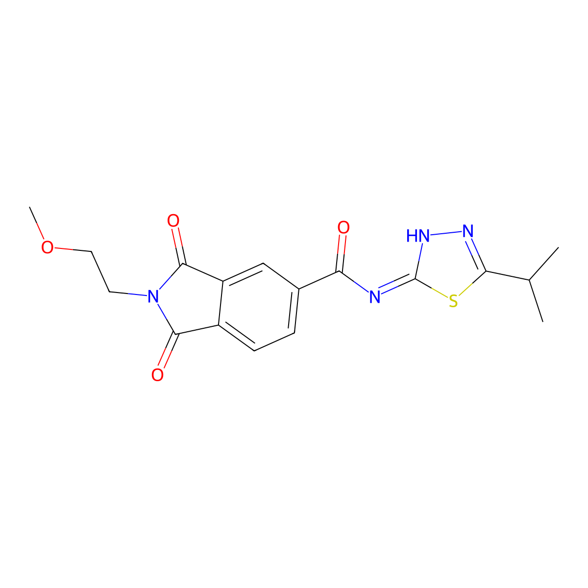 2-(2-methoxyethyl)-1,3-dioxo-N-[(2E)-5-(propan-2-yl)-1,3,4-thiadiazol-2(3H)-ylidene]-2,3-dihydro-1H-isoindole-5-carboxamide molecular structure, CAS 1144496-79-6