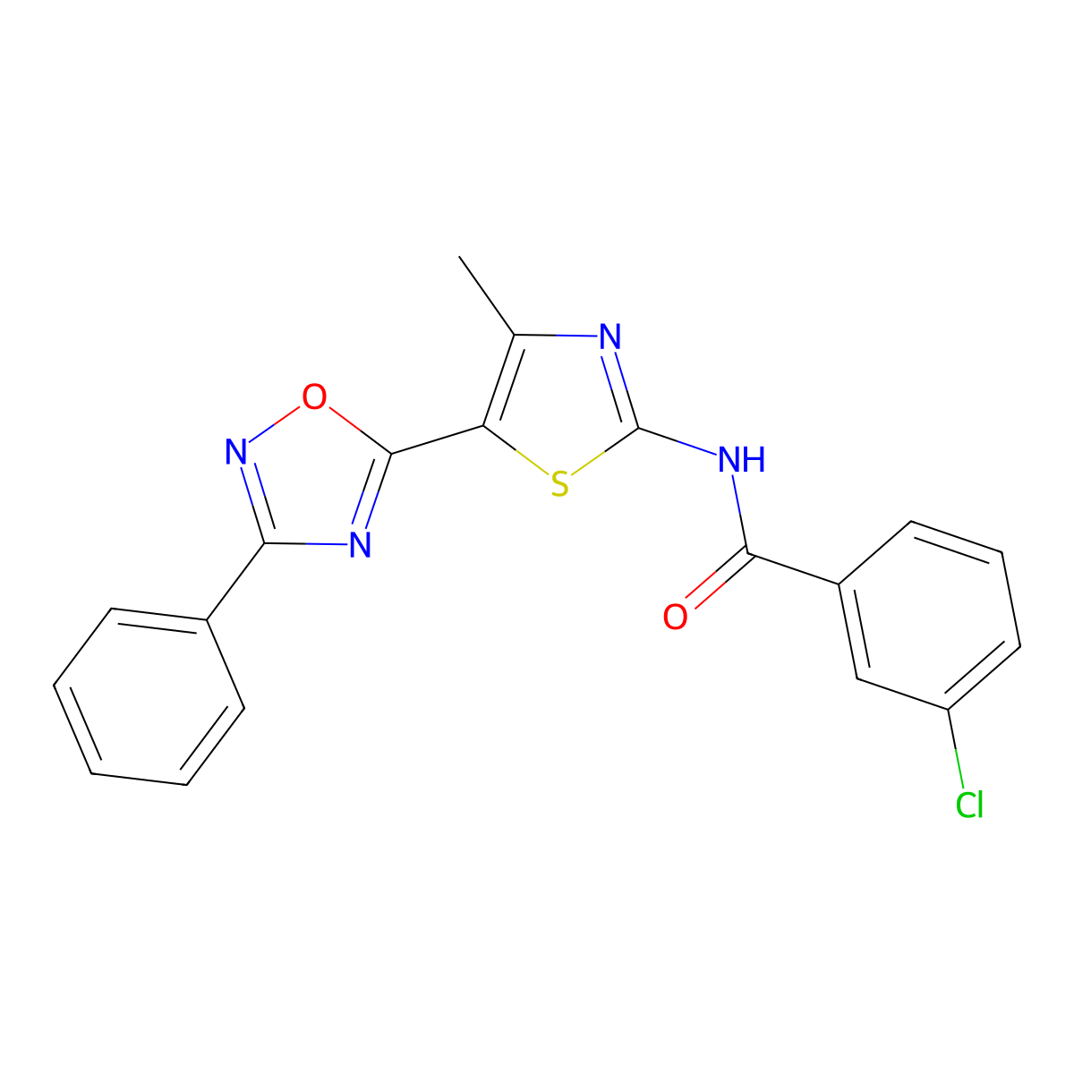 3-chloro-N-[(2E)-4-methyl-5-(3-phenyl-1,2,4-oxadiazol-5-yl)-1,3-thiazol-2(3H)-ylidene]benzamide molecular structure, CAS 1144497-82-4