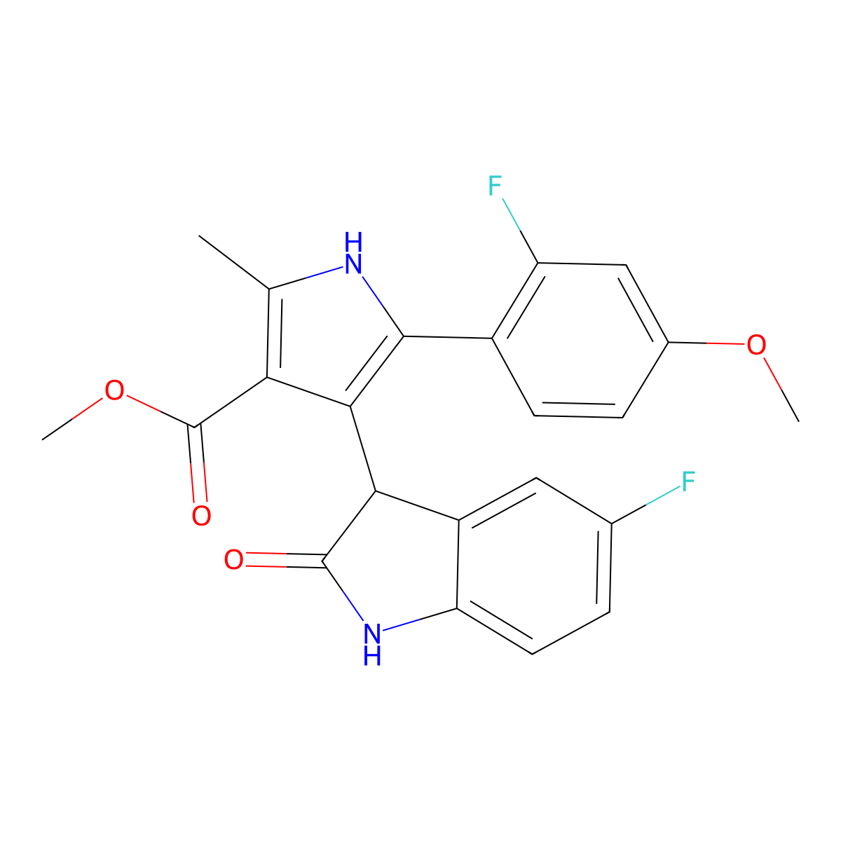 methyl 5-(2-fluoro-4-methoxyphenyl)-4-(5-fluoro-2-oxo-2,3-dihydro-1H-indol-3-yl)-2-methyl-1H-pyrrole-3-carboxylate molecular structure, CAS 1144498-53-2