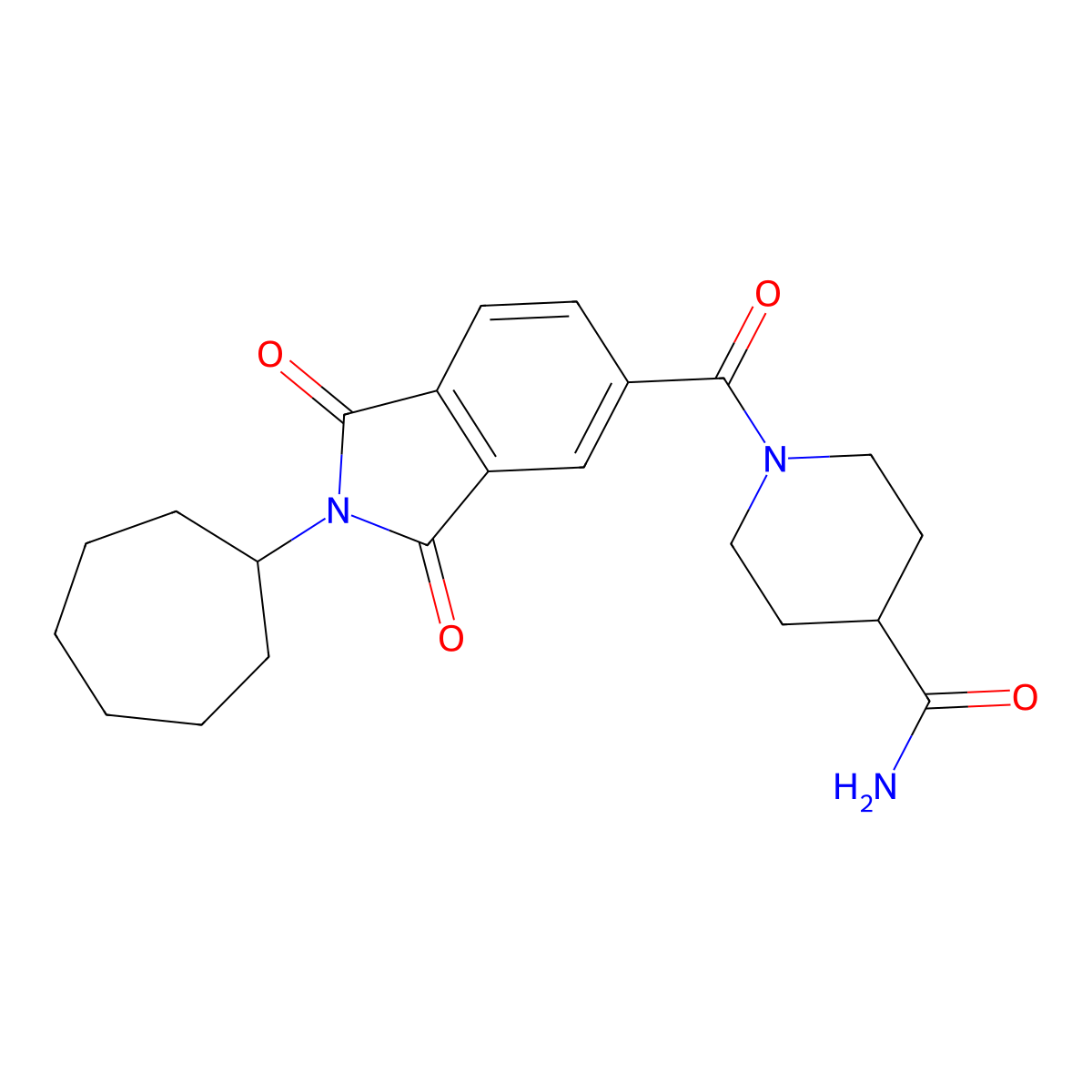 1-[(2-cycloheptyl-1,3-dioxo-2,3-dihydro-1H-isoindol-5-yl)carbonyl]piperidine-4-carboxamide molecular structure, CAS 1144498-81-6