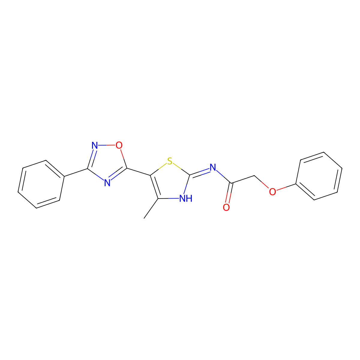 N-[(2E)-4-methyl-5-(3-phenyl-1,2,4-oxadiazol-5-yl)-1,3-thiazol-2(3H)-ylidene]-2-phenoxyacetamide molecular structure, CAS 1144500-23-1