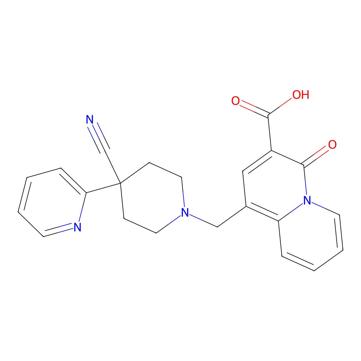 1-((4-cyano-4-pyridin-2-ylpiperidin-1-yl)methyl)-4-oxo-4H-quinolizine-3-carboxylic acid molecular structure, CAS 1144504-35-7