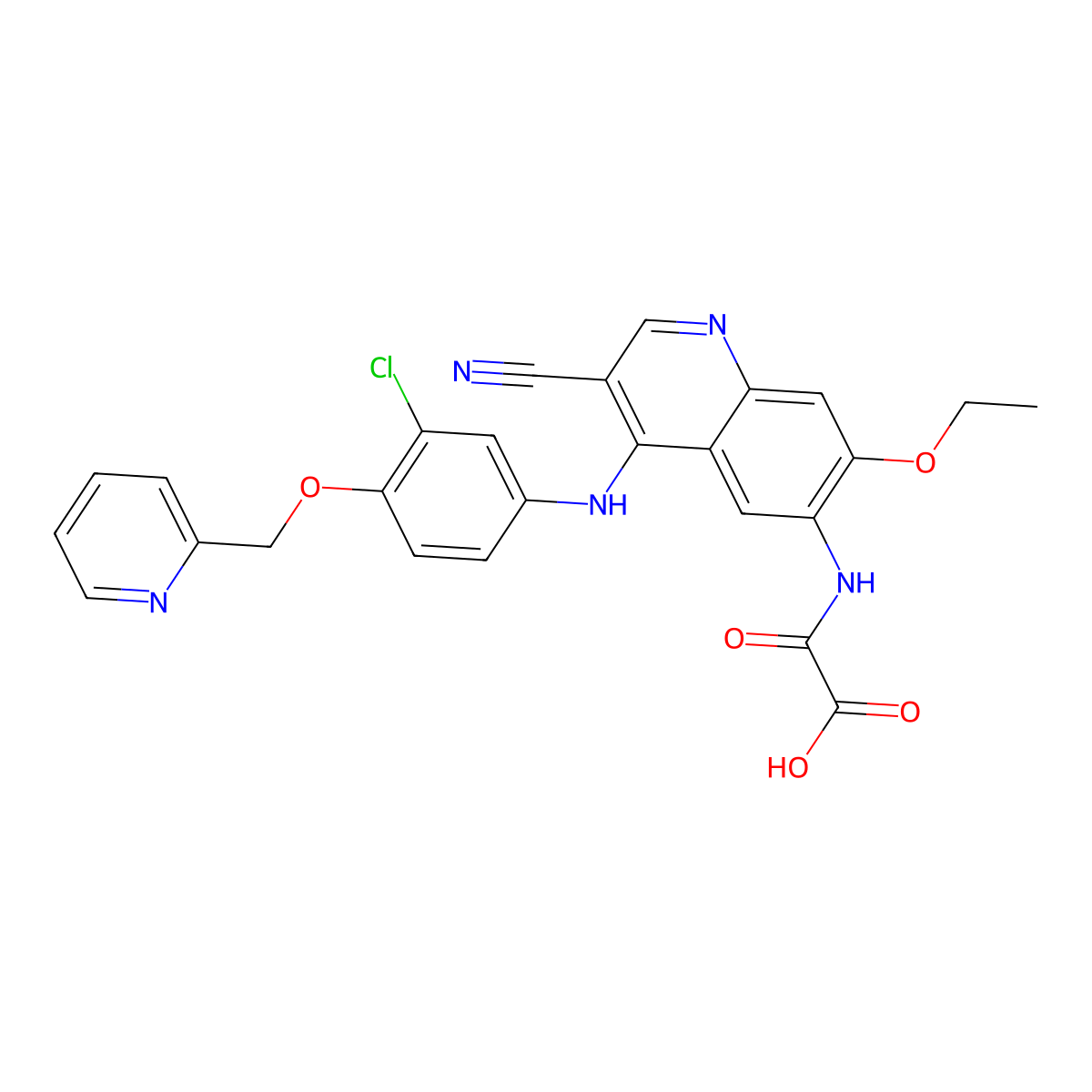 2-((4-((3-Chloro-4-(pyridin-2-ylmethoxy)phenyl)amino)-3-cyano-7-ethoxyquinolin-6-yl)amino)-2-oxoacetic acid (Neratinib Impurity) molecular structure, CAS 1144516-13-1
