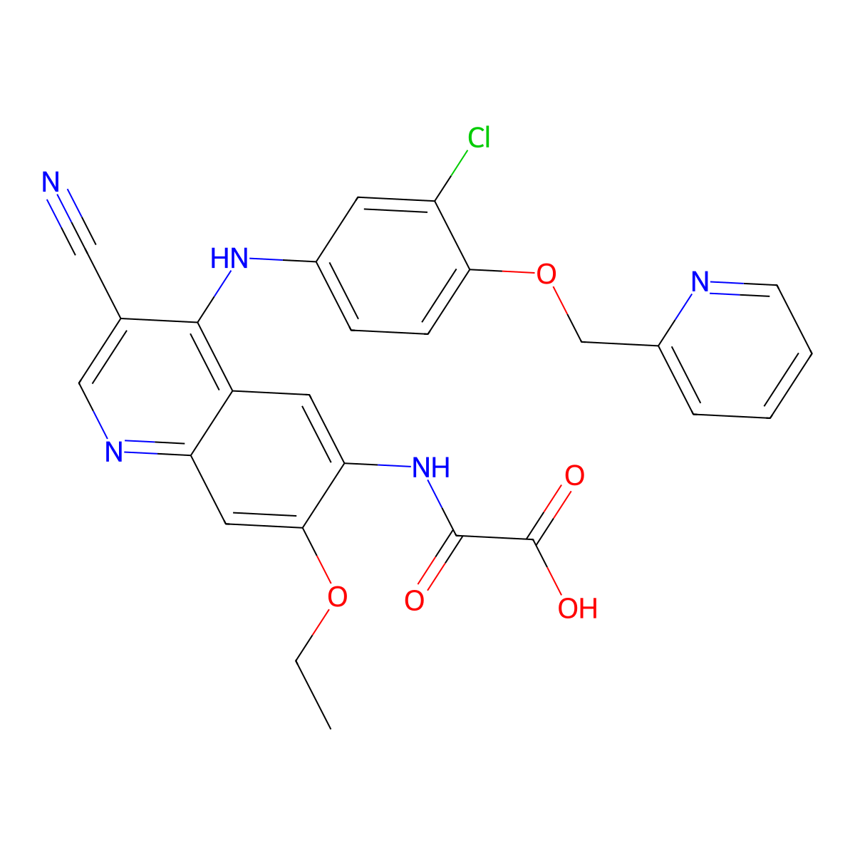 2-((4-((3-Chloro-4-(pyridin-2-ylmethoxy)phenyl)amino)-3-cyano-7-ethoxyquinolin-6-yl)amino)-2-oxoacetic acid (Neratinib Impurity) molecular structure, CAS 1144516-13-1