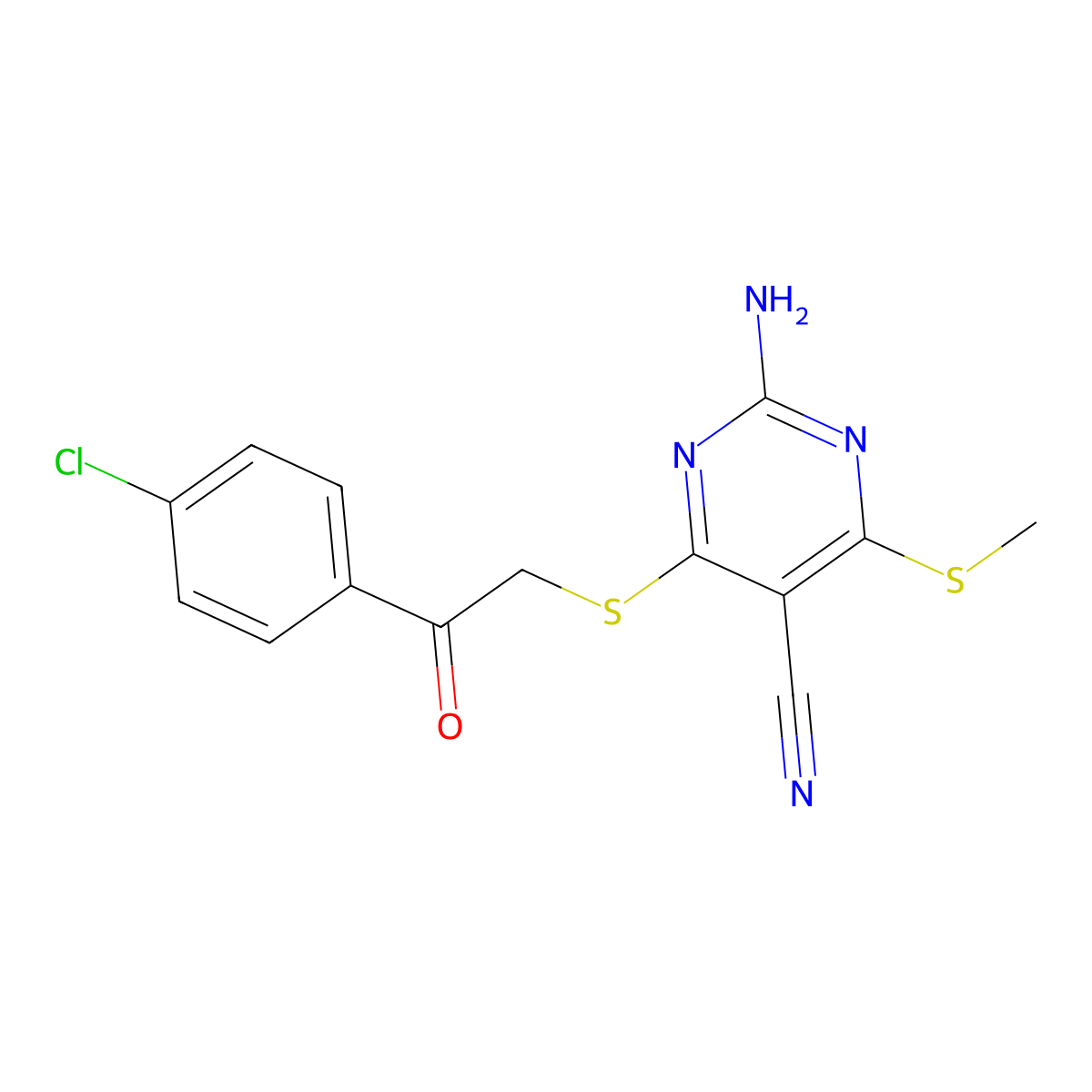 2-Amino-4-((2-(4-chlorophenyl)-2-oxoethyl)thio)-6-(methylthio)pyrimidine-5-carbonitrile molecular structure, CAS 114460-81-0