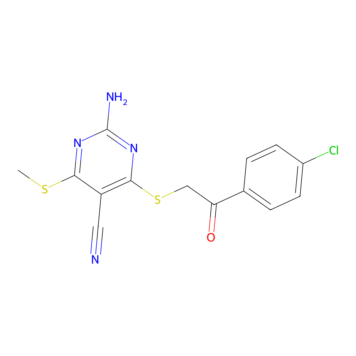 2-Amino-4-((2-(4-chlorophenyl)-2-oxoethyl)thio)-6-(methylthio)pyrimidine-5-carbonitrile molecular structure, CAS 114460-81-0