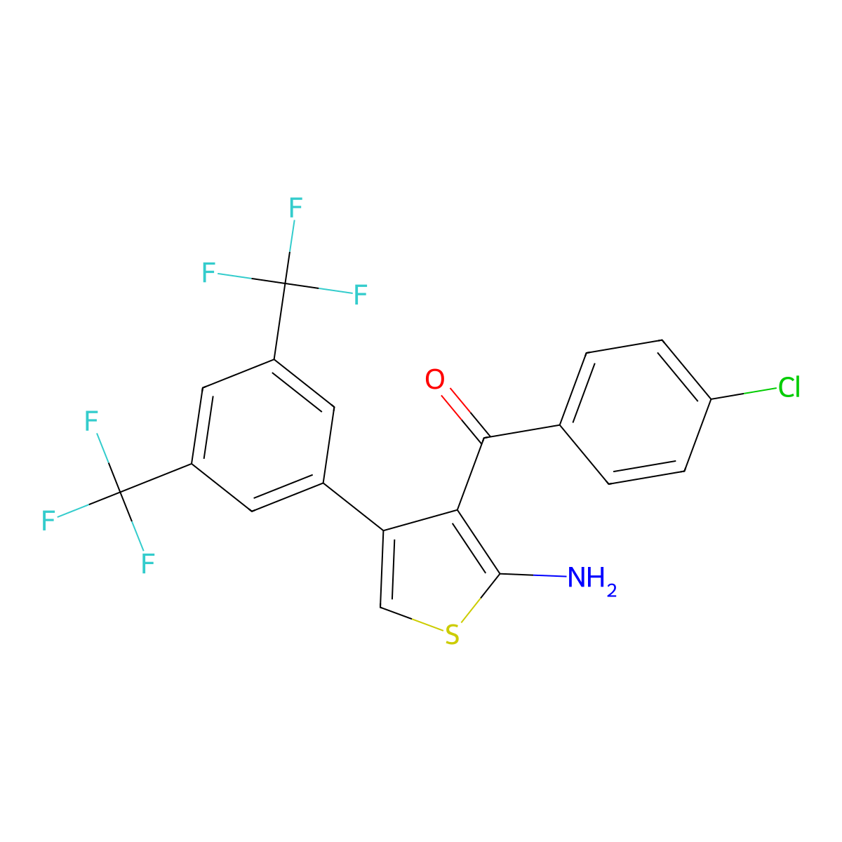 (2-Amino-4-(3,5-bis(trifluoromethyl)phenyl)thiophen-3-yl)(4-chlorophenyl)methanone molecular structure, CAS 1146188-19-3