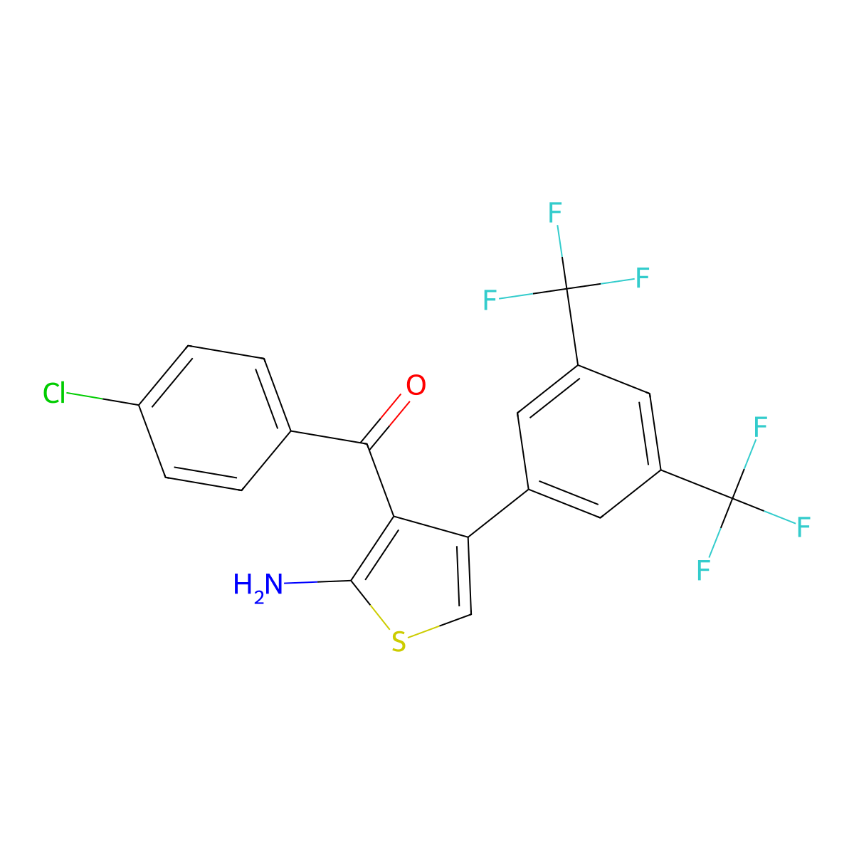 (2-Amino-4-(3,5-bis(trifluoromethyl)phenyl)thiophen-3-yl)(4-chlorophenyl)methanone molecular structure, CAS 1146188-19-3