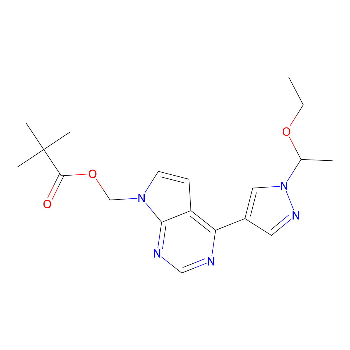 (4-(1-(1-Ethoxyethyl)-1H-pyrazol-4-yl)-7H-pyrrolo[2,3-d]pyrimidin-7-yl)methyl pivalate molecular structure, CAS 1146629-76-6