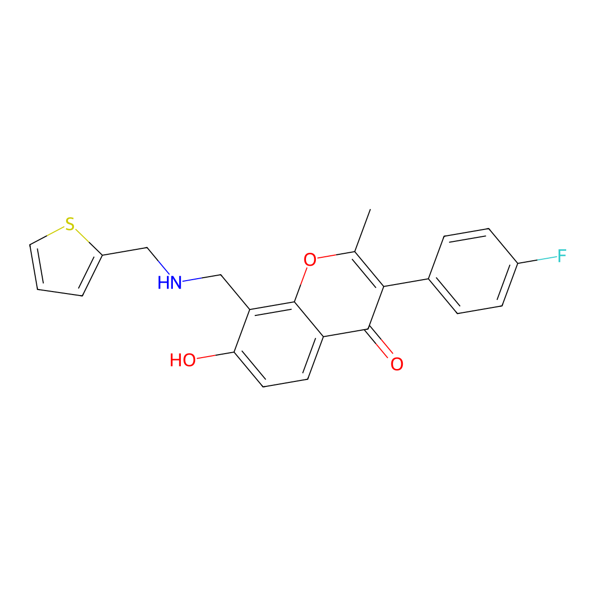 3-(4-fluorophenyl)-7-hydroxy-2-methyl-8-{[(thiophen-2-ylmethyl)amino]methyl}-4H-chromen-4-one molecular structure, CAS 1146897-02-0
