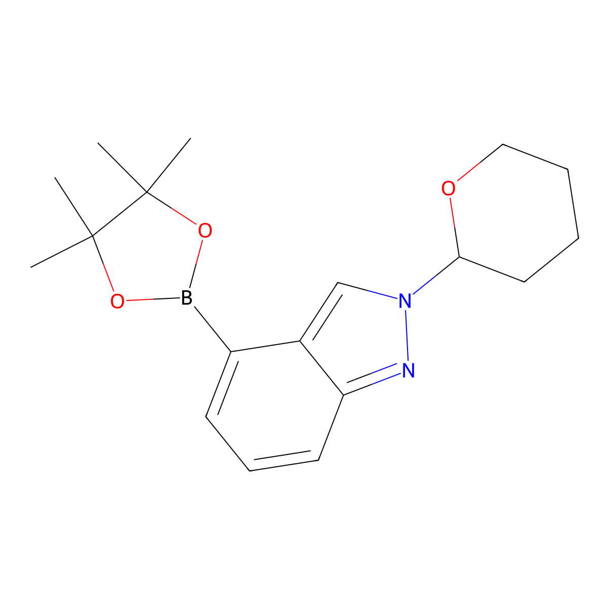 2-(Tetrahydro-2H-pyran-2-yl)-4-(4,4,5,5-tetramethyl-1,3,2-dioxaborolan-2-yl)-2H-indazole molecular structure, CAS 1146955-35-2