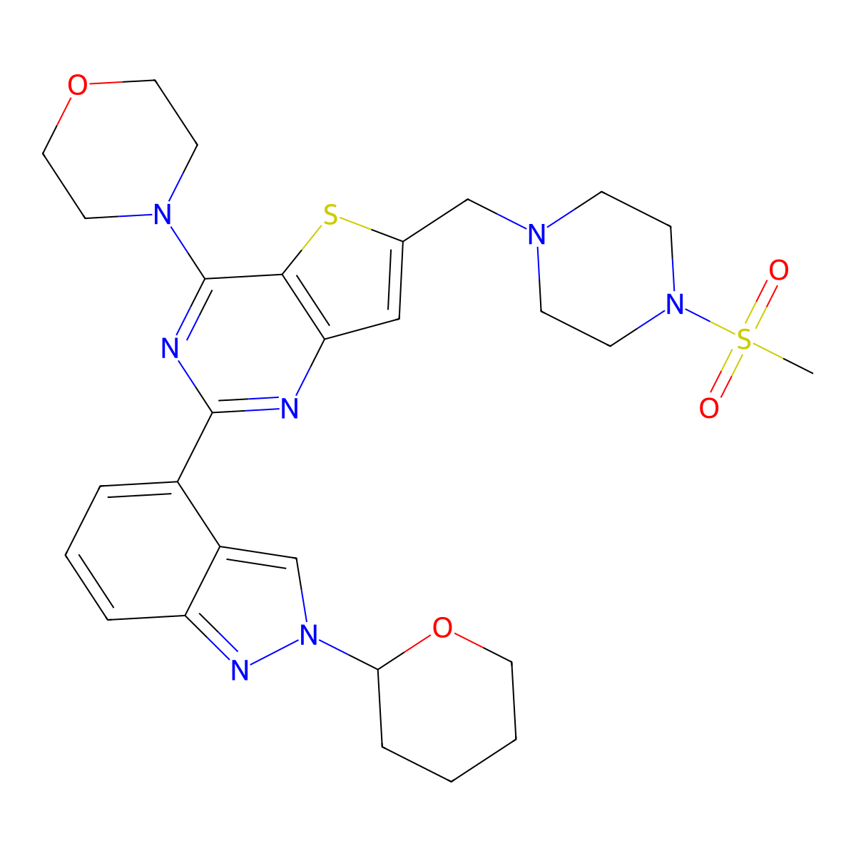 4-(6-((4-(methylsulfonyl)piperazin-1-yl)methyl)-2-(2-(tetrahydro-2H-pyran-2-yl)-2H-indazol-4-yl)thieno[3,2-d]pyrimidin-4-yl)morpholine molecular structure, CAS 1146955-37-4