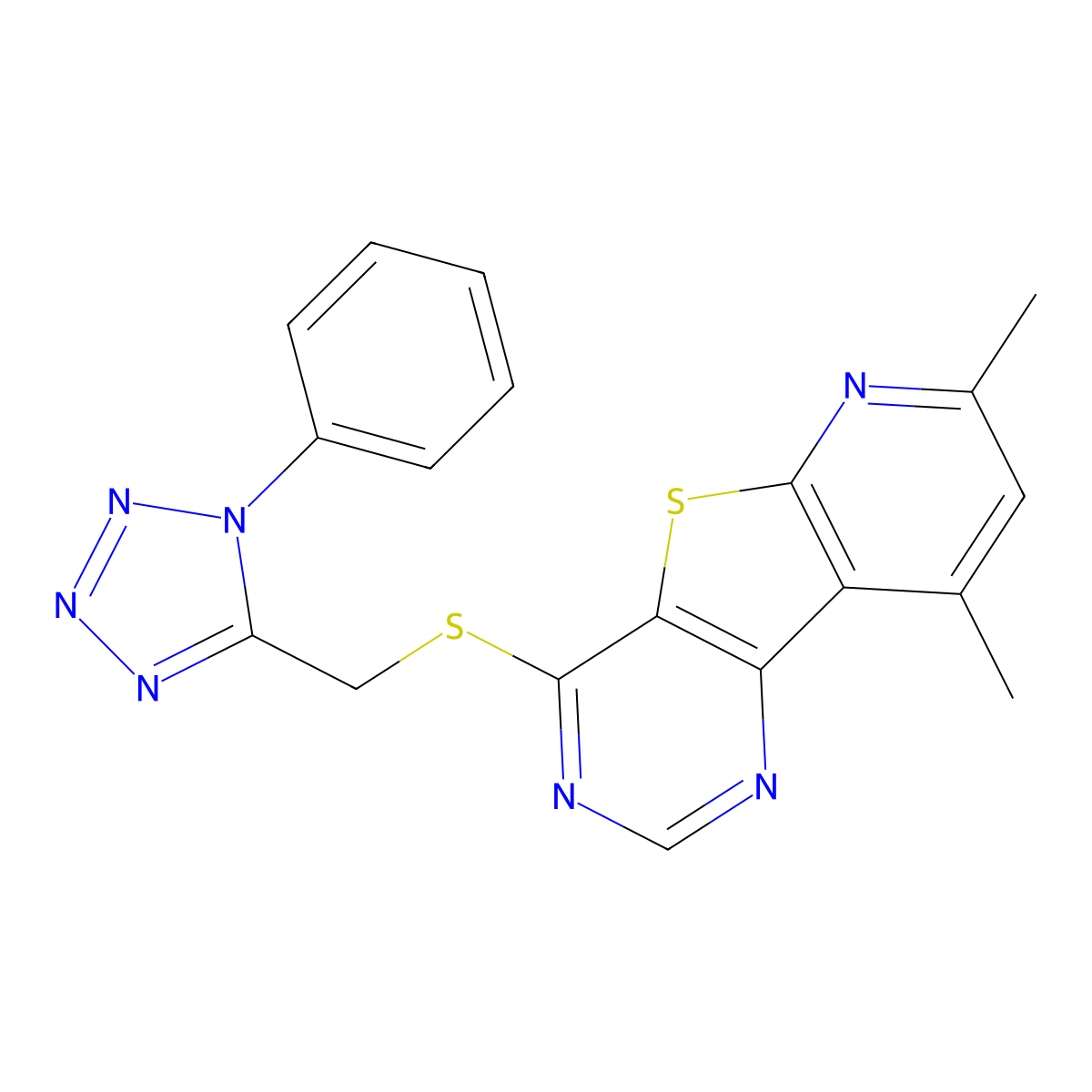 7,9-dimethyl-4-{[(1-phenyl-1H-tetrazol-5-yl)methyl]sulfanyl}pyrido[3',2':4,5]thieno[3,2-d]pyrimidine molecular structure, CAS 1147188-82-6