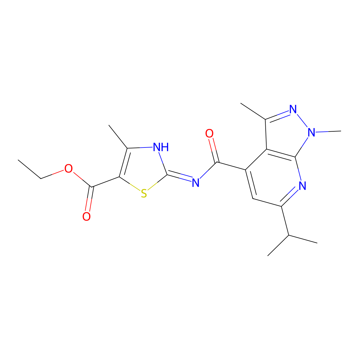 ethyl 2-({[1,3-dimethyl-6-(propan-2-yl)-1H-pyrazolo[3,4-b]pyridin-4-yl]carbonyl}amino)-4-methyl-1,3-thiazole-5-carboxylate molecular structure, CAS 1147283-13-3