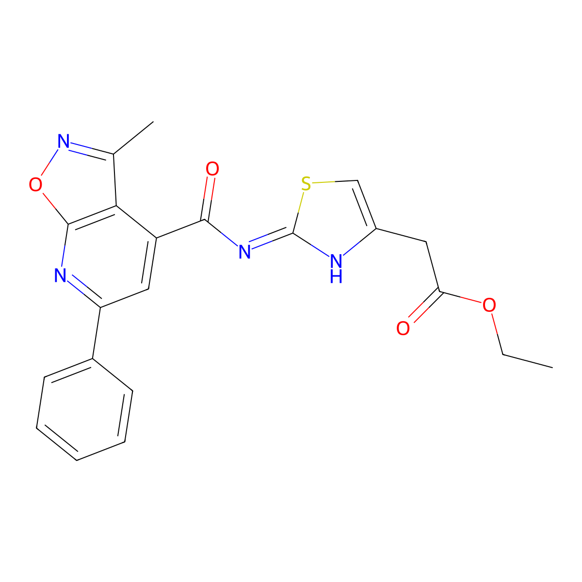 Ethyl (2-{[(3-methyl-6-phenyl[1,2]oxazolo[5,4-b]pyridin-4-yl)carbonyl]amino}-1,3-thiazol-4-yl)acetate molecular structure, CAS 1147393-40-5