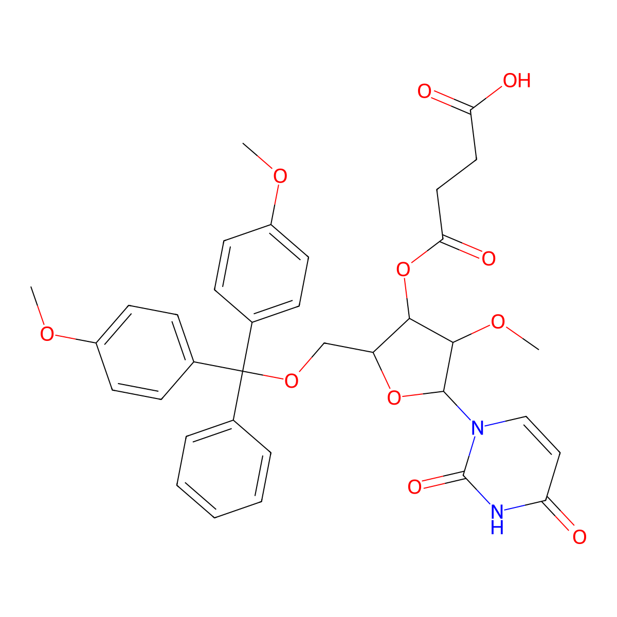 4-(((2R,3R,4R,5R)-2-((Bis(4-methoxyphenyl)(phenyl)methoxy)methyl)-5-(2,4-dioxo-3,4-dihydropyrimidin-1(2H)-yl)-4-methoxytetrahydrofuran-3-yl)oxy)-4-oxobutanoic acid molecular structure, CAS 114745-30-1