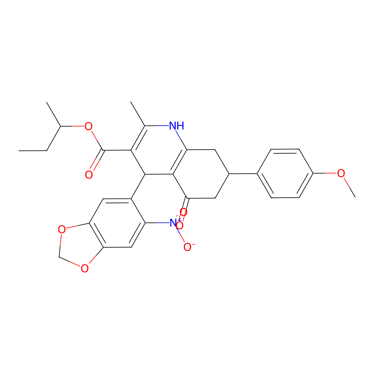 Sec-butyl 4-{6-nitro-1,3-benzodioxol-5-yl}-7-(4-methoxyphenyl)-2-methyl-5-oxo-1,4,5,6,7,8-hexahydro-3-quinolinecarboxylate molecular structure, CAS 114752-18-0