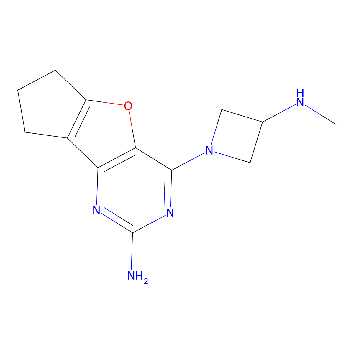 6H-Cyclopenta[4,5]furo[3,2-d]pyrimidin-2-amine, 7,8-dihydro-4-[3-(methylamino)-1-azetidinyl]- molecular structure, CAS 1148115-99-4
