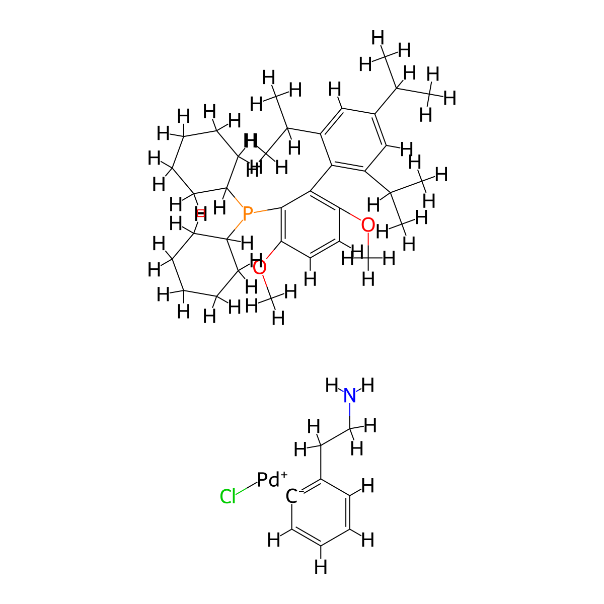 Dicyclohexyl(2',4',6'-triisopropyl-3,6-dimethoxy-[1,1'-biphenyl]-2-yl)phosphine-(2-(2-aminoethyl)phenyl)palladium(II) chloride , BrettPhos Pd G1 molecular structure, CAS 1148148-01-9