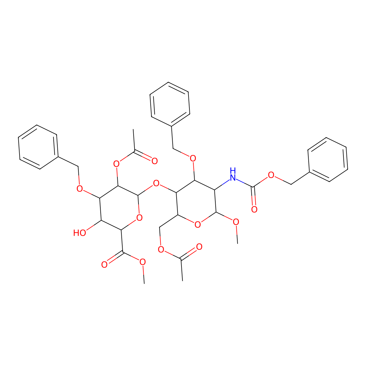 Methyl-6-o-acetyl-3-o-phenylmethyl-2-[[(phenylmethoxy)carbonyl]amino]-2-deoxy-4-o-(2-o-acetyl-3-o-phenylmethyl-6-methyl-alpha-l-idop molecular structure, CAS 114869-97-5