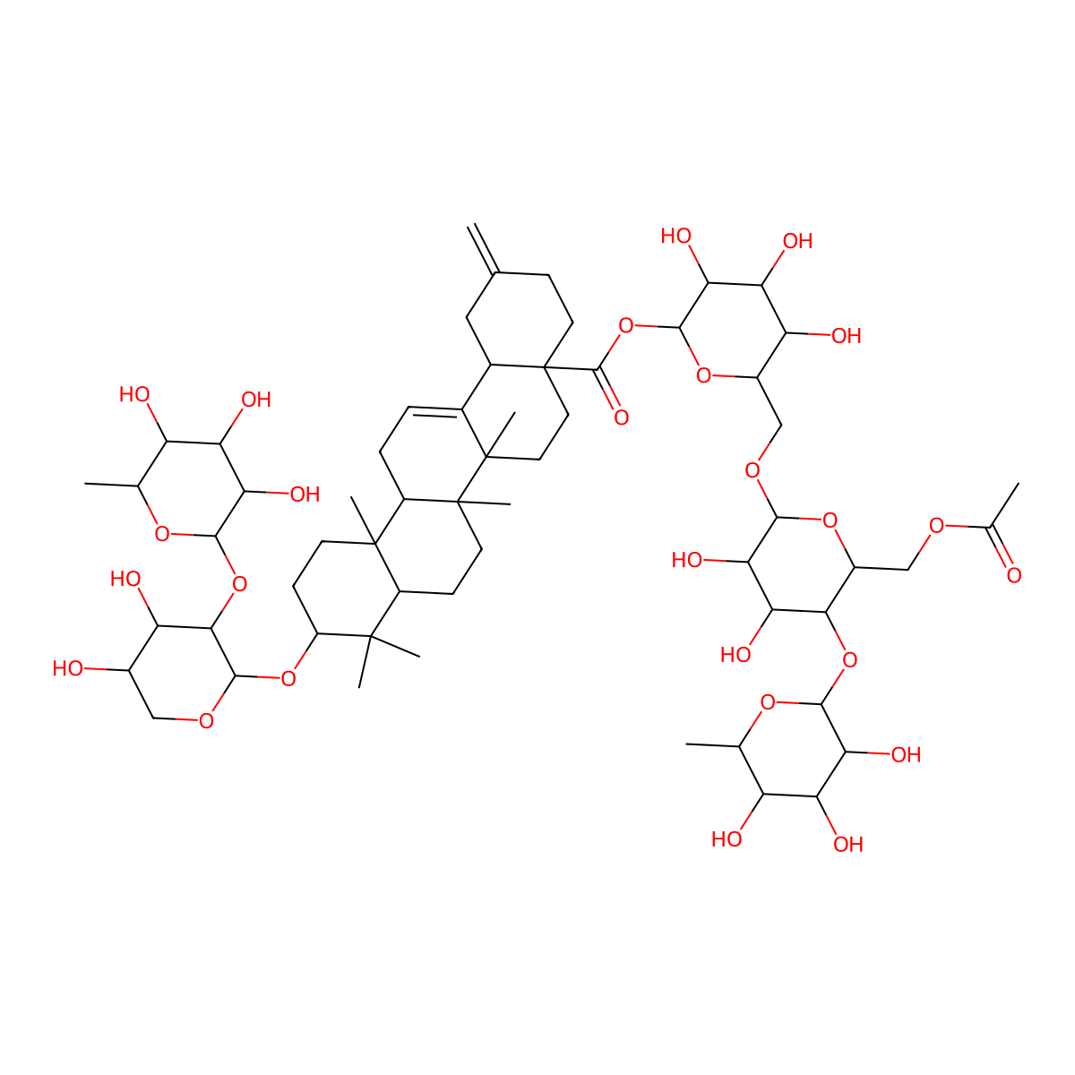 [(2S,3R,4S,5S,6R)-6-[[(2R,3R,4R,5S,6R)-6-(acetyloxymethyl)-3,4-dihydroxy-5-[(2S,3R,4R,5R,6S)-3,4,5-trihydroxy-6-methyloxan-2-yl]oxyoxan-2-yl]oxymethyl]-3,4,5-trihydroxyoxan-2-yl] (4aS,6aS,6bR,10S,12aR,14bS)-10-[(2S,3R,4S,5S)-4,5-dihydroxy-3-[(2S,3R,4R,5R,6S)-3,4,5-trihydroxy-6-methyloxan-2-yl]oxyoxan-2-yl]oxy-6a,6b,9,9,12a-pentamethyl-2-methylidene-1,3,4,5,6,6a,7,8,8a,10,11,12,13,14b-tetradecahydropicene-4a-carboxylate molecular structure, CAS 114892-56-7