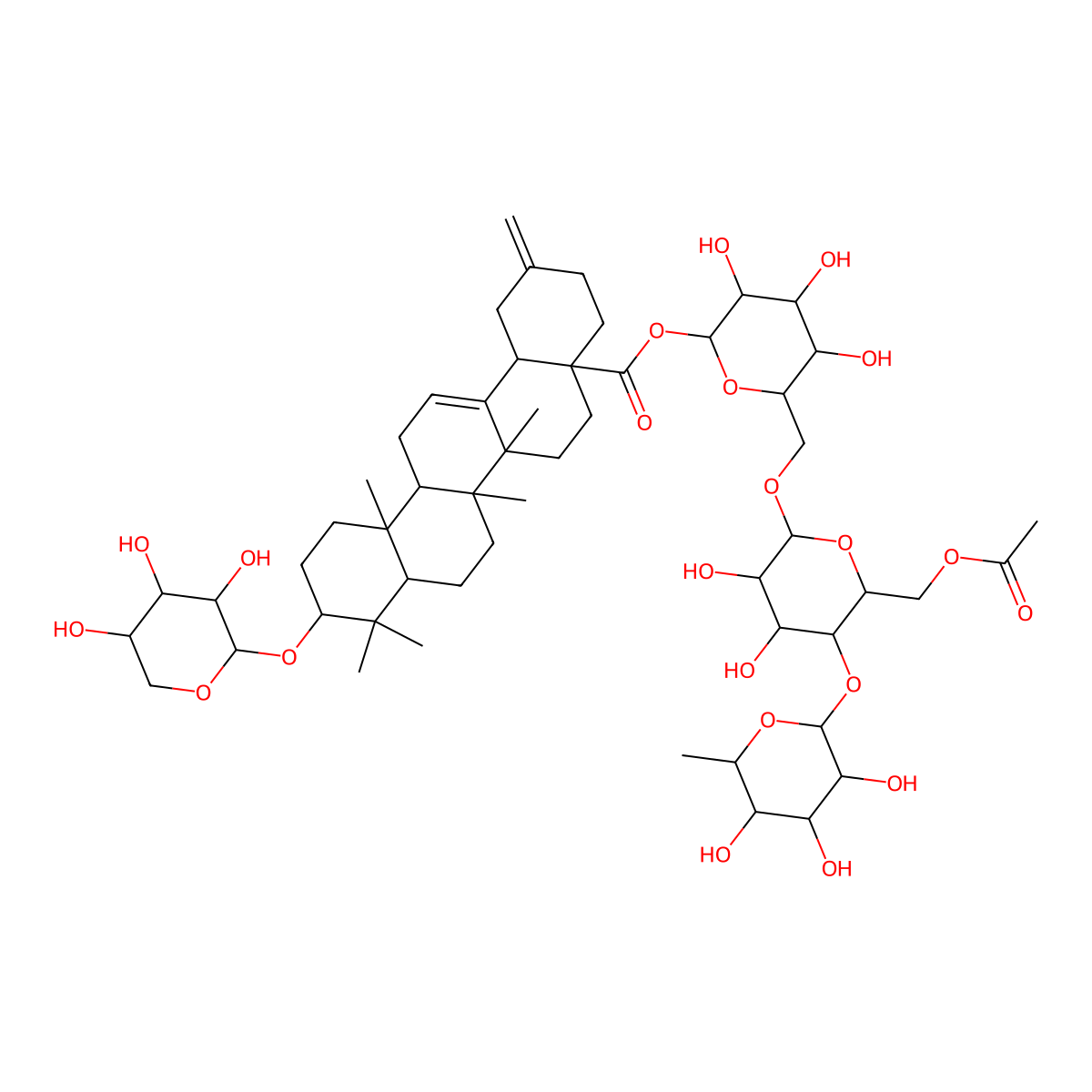 [(2S,3R,4S,5S,6R)-6-[[(2R,3R,4R,5S,6R)-6-(acetyloxymethyl)-3,4-dihydroxy-5-[(2S,3R,4R,5R,6S)-3,4,5-trihydroxy-6-methyloxan-2-yl]oxyoxan-2-yl]oxymethyl]-3,4,5-trihydroxyoxan-2-yl] (4aS,6aS,6bR,10S,12aR,14bS)-6a,6b,9,9,12a-pentamethyl-2-methylidene-10-[(2S,3R,4S,5S)-3,4,5-trihydroxyoxan-2-yl]oxy-1,3,4,5,6,6a,7,8,8a,10,11,12,13,14b-tetradecahydropicene-4a-carboxylate molecular structure, CAS 114892-57-8