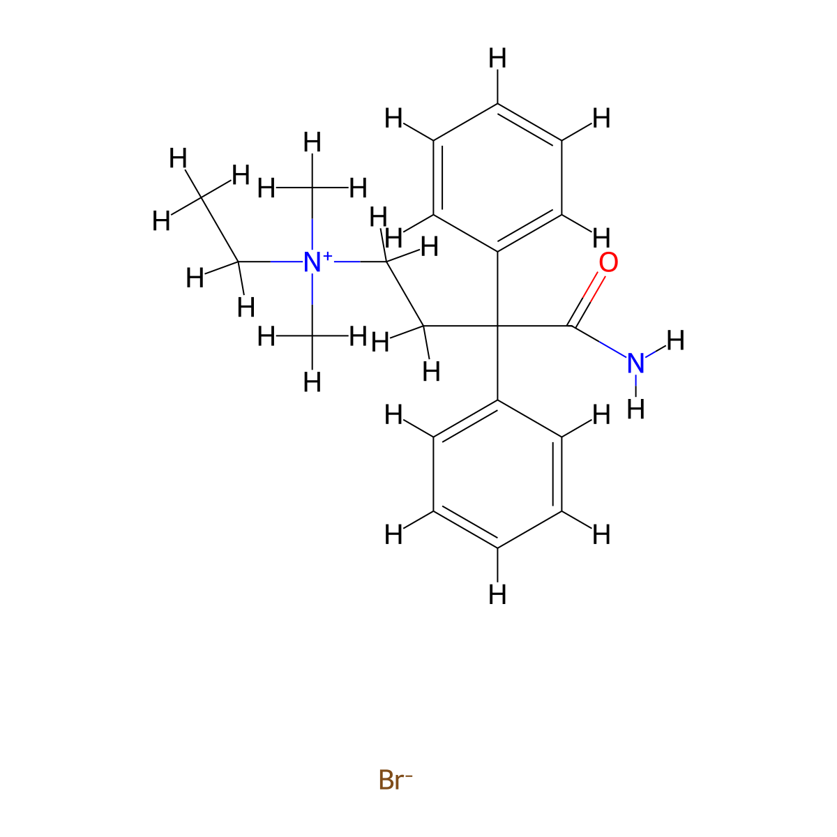 Benzenepropanaminium, gamma-(aminocarbonyl)-N-ethyl-N,N-dimethyl-gamma-phenyl-, bromide (1:1) molecular structure, CAS 115-51-5