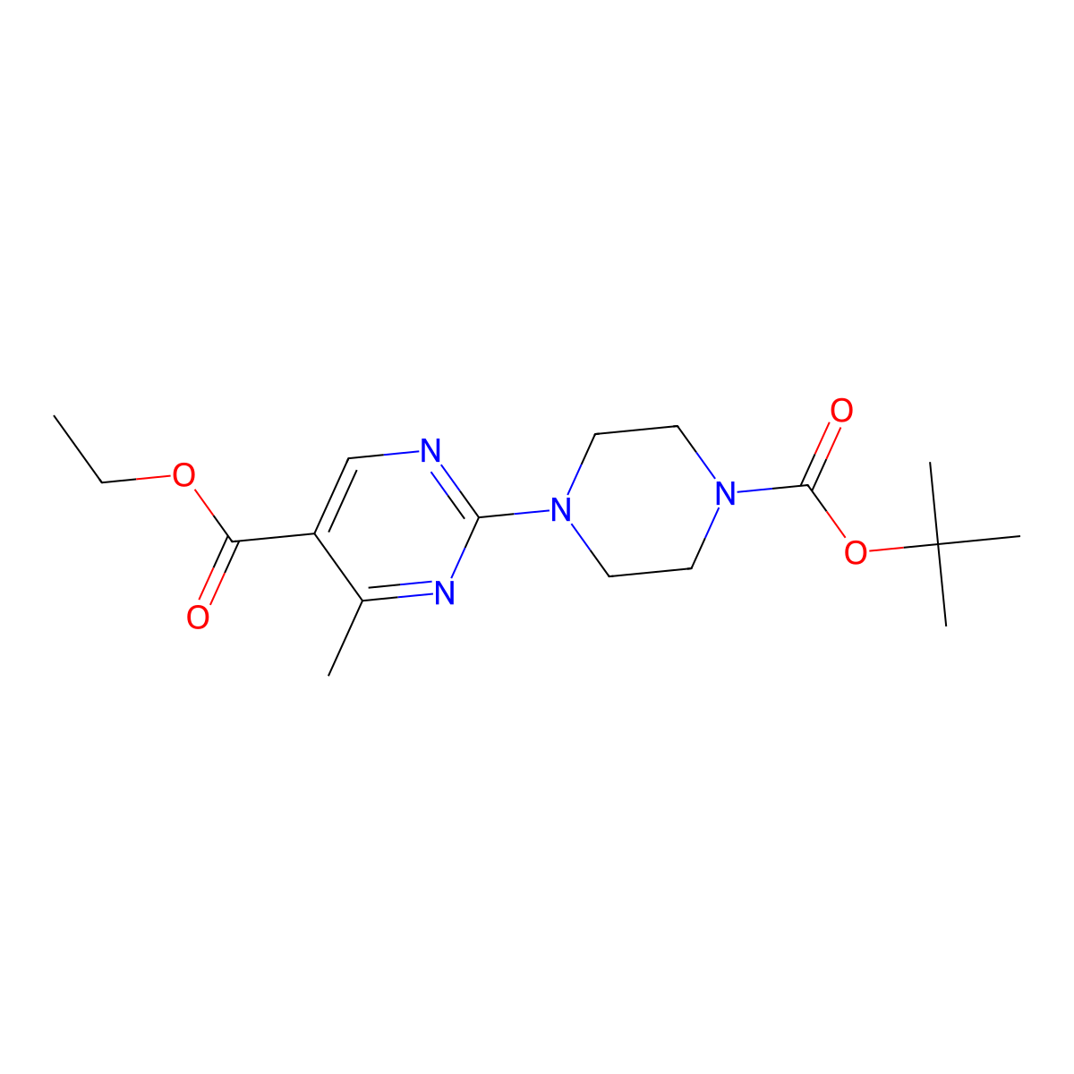 Ethyl 2-(4-(tert-butoxycarbonyl)piperazin-1-YL)-4-methylpyrimidine-5-carboxylate molecular structure, CAS 1150163-72-6