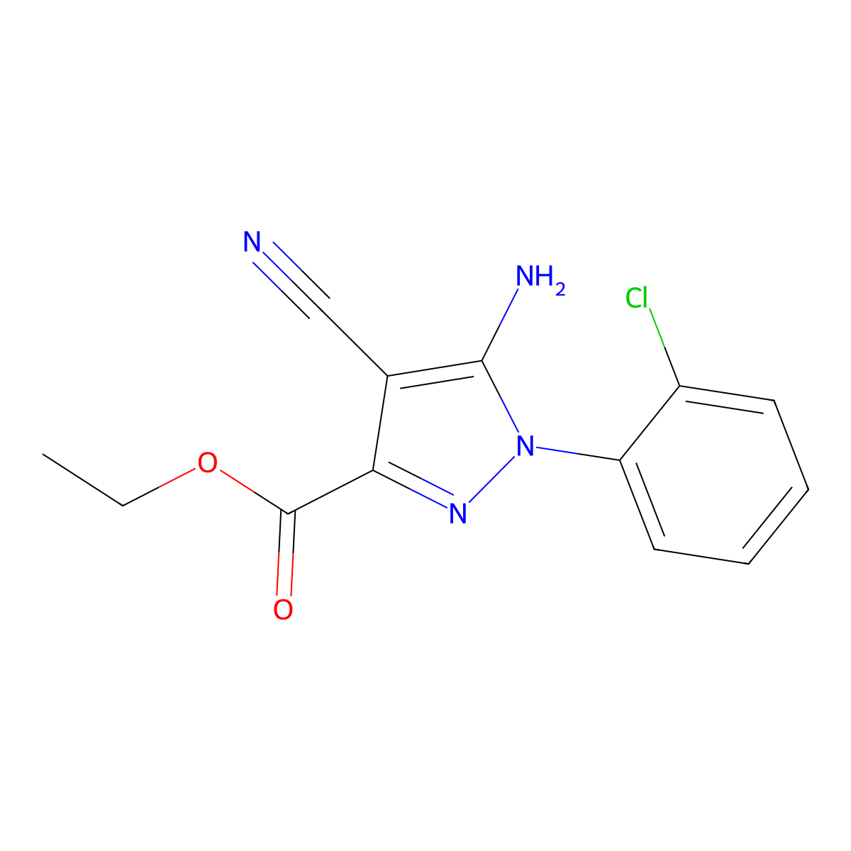 Ethyl 5-amino-1-(2-chlorophenyl)-4-cyano-1H-pyrazole-3-carboxylate molecular structure, CAS 1150164-00-3
