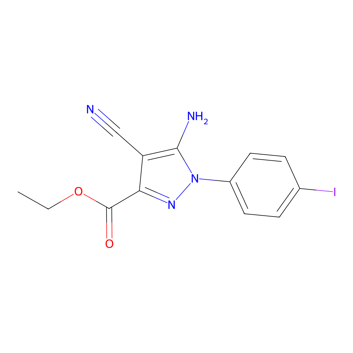 Ethyl 5-amino-4-cyano-1-(4-iodophenyl)pyrazole-3-carboxylate molecular structure, CAS 1150164-64-9