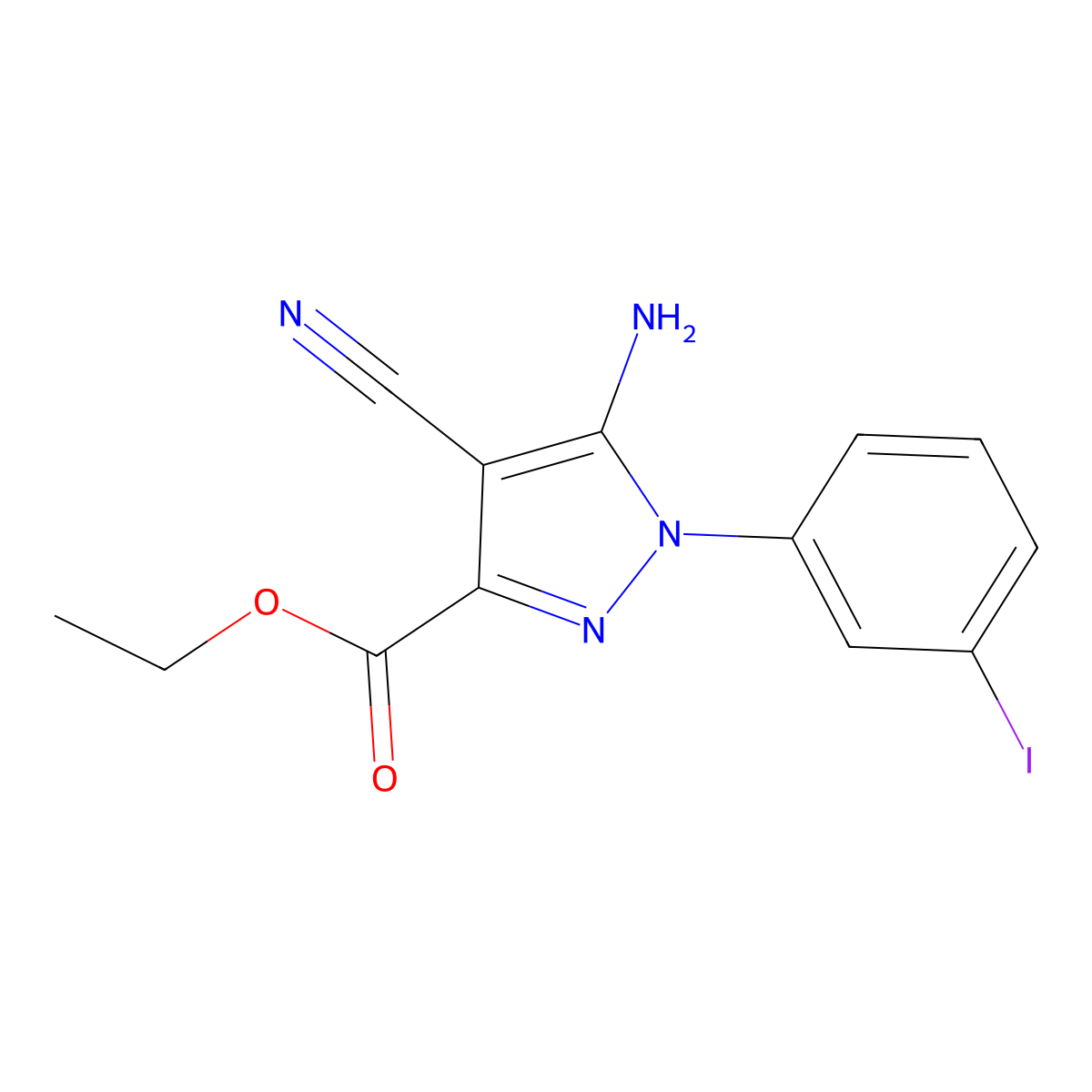Ethyl 5-amino-4-cyano-1-(3-iodophenyl)pyrazole-3-carboxylate molecular structure, CAS 1150164-66-1
