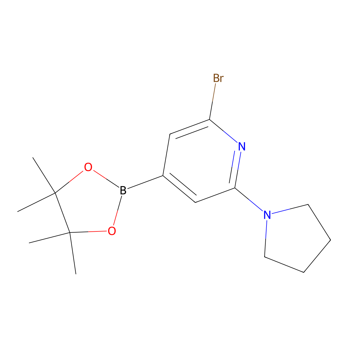 2-Bromo-6-(pyrrolidin-1-yl)-4-(4,4,5,5-tetramethyl-1,3,2-dioxaborolan-2-yl)pyridine molecular structure, CAS 1150271-64-9