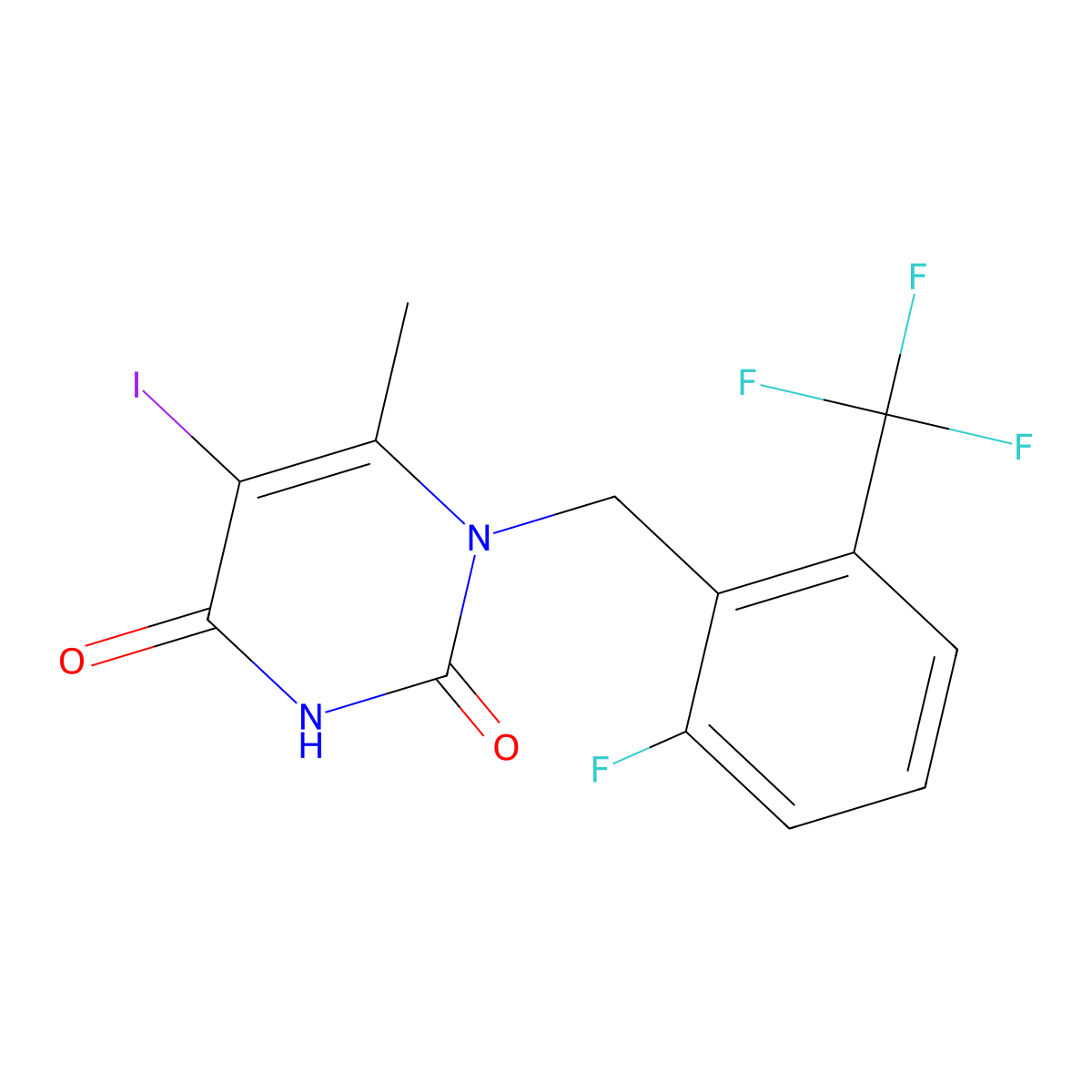 1-[2-fluoro-6-(trifluoromethyl)benzyl]-5-iodo-6-methylpyrimidine-2,4(1H,3H)-dione molecular structure, CAS 1150560-54-5