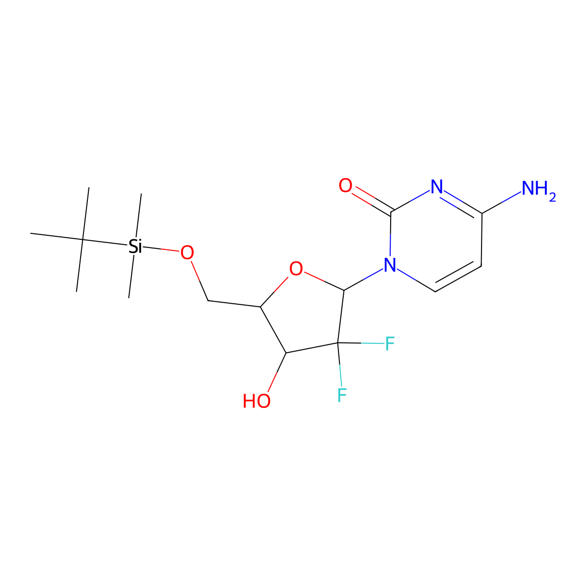 4-amino-1-((2R,4R,5R)-5-((tert-butyldimethylsilyloxy)methyl)-3,3-difluoro-4-hydroxytetrahydrofuran-2-yl)pyrimidin-2(1H)-one molecular structure, CAS 1151528-36-7