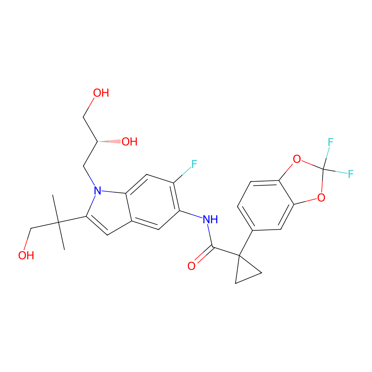 1-(2,2-Difluoro-1,3-benzodioxol-5-yl)-N-(1-((2R)-2,3-dihydroxypropyl)-6-fluoro-2-(2-hydroxy-1,1-dimethylethyl)-1H-indol-5-yl)cyclopropanecarboxamide molecular structure, CAS 1152311-62-0