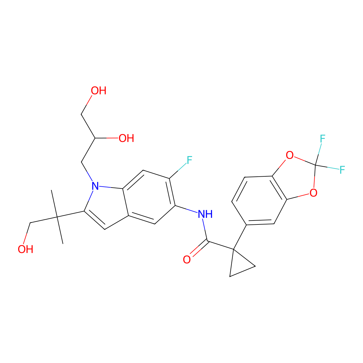 (S)-1-(2,2-difluorobenzo[d][1,3]dioxol-5-yl)-N-(1-(2,3-dihydroxypropyl)-6-fluoro-2-(1-hydroxy-2-methylpropan-2-yl)-1H-indol-5-yl)cyclopropanecarboxamide molecular structure, CAS 1152311-99-3
