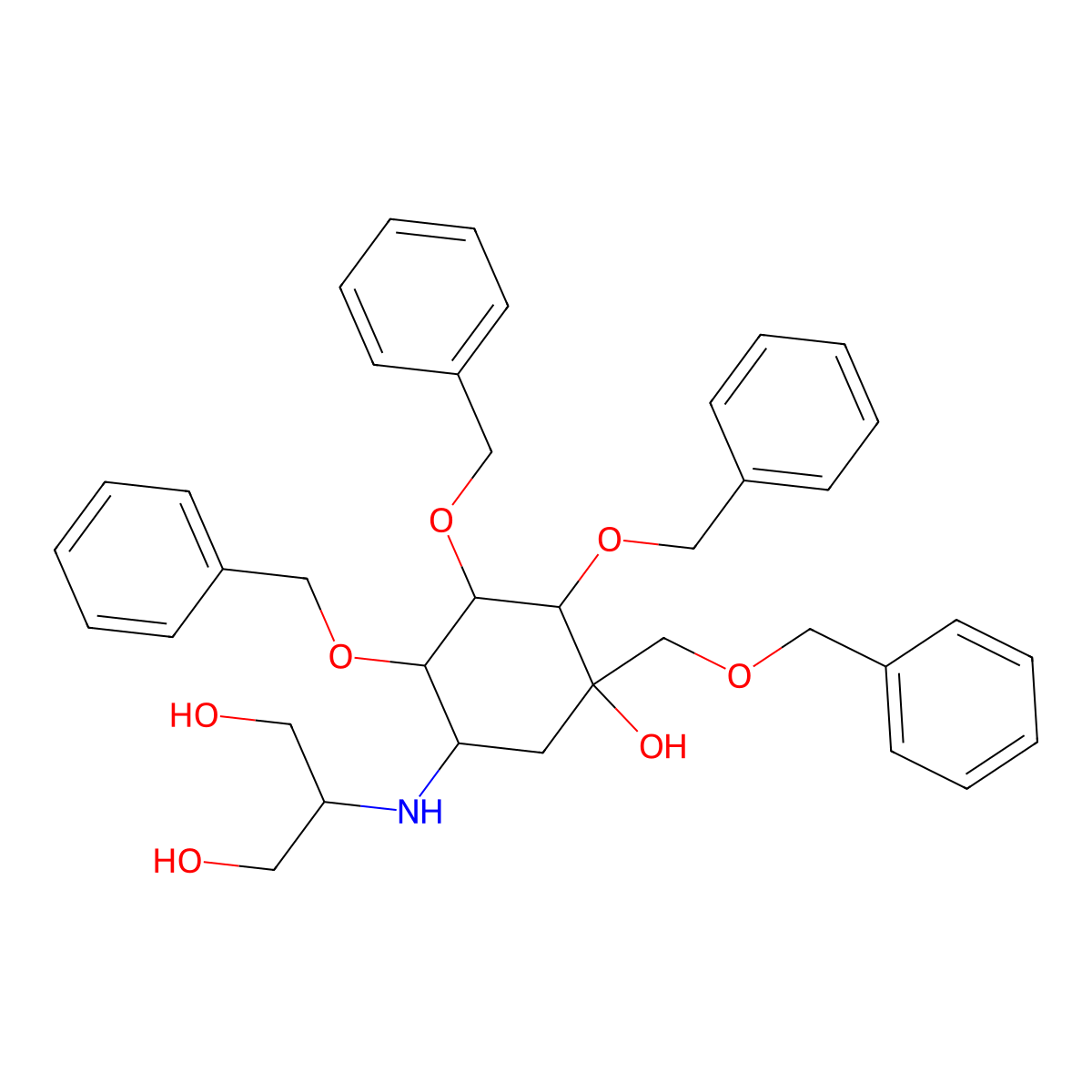 2-(((1S,2S,3R,4S,5S)-2,3,4-Tris(benzyloxy)-5-((benzyloxy)methyl)-5-hydroxycyclohexyl)amino)propane-1,3-diol molecular structure, CAS 115250-39-0