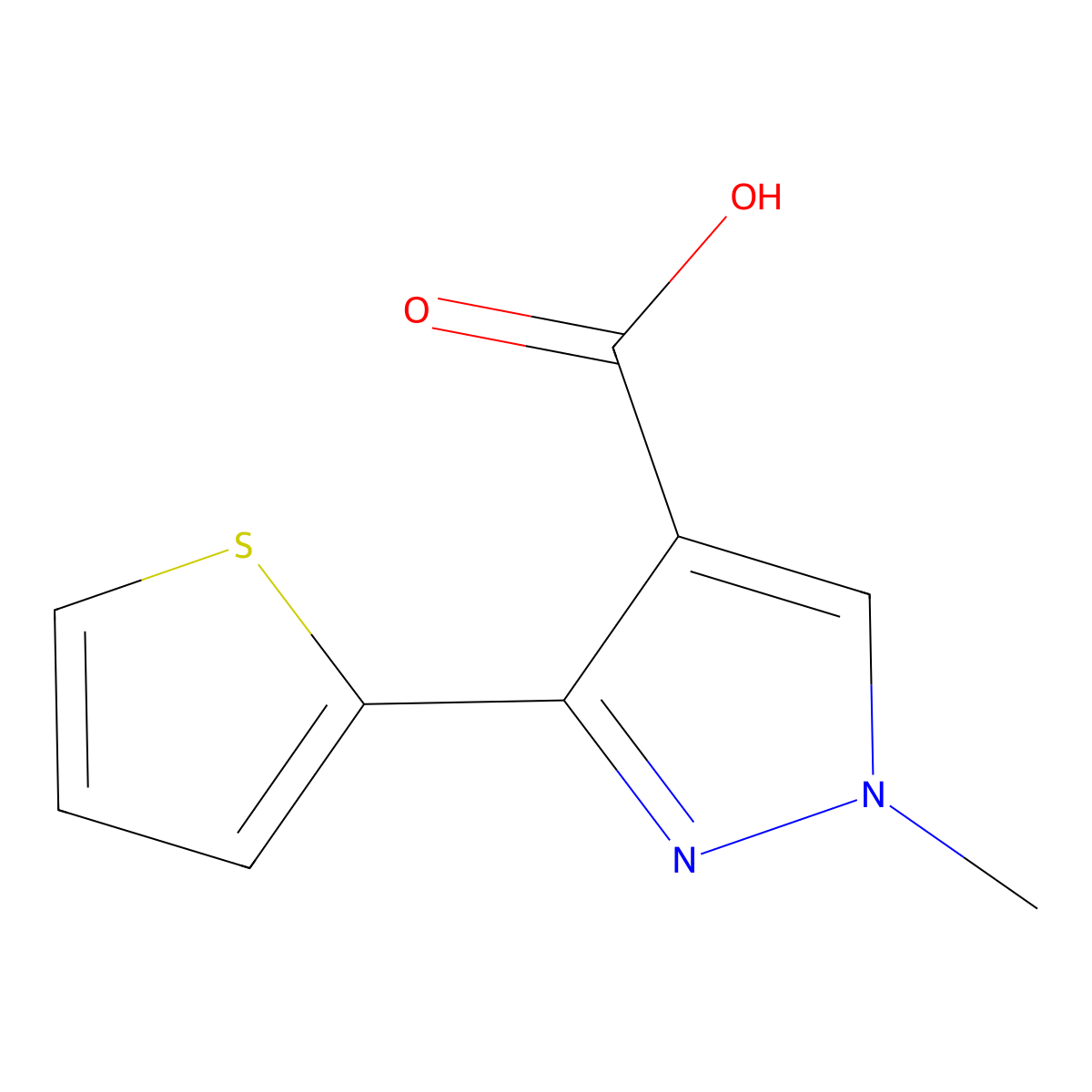 1-methyl-3-(thiophen-2-yl)-1H-pyrazole-4-carboxylic acid molecular structure, CAS 1152510-37-6