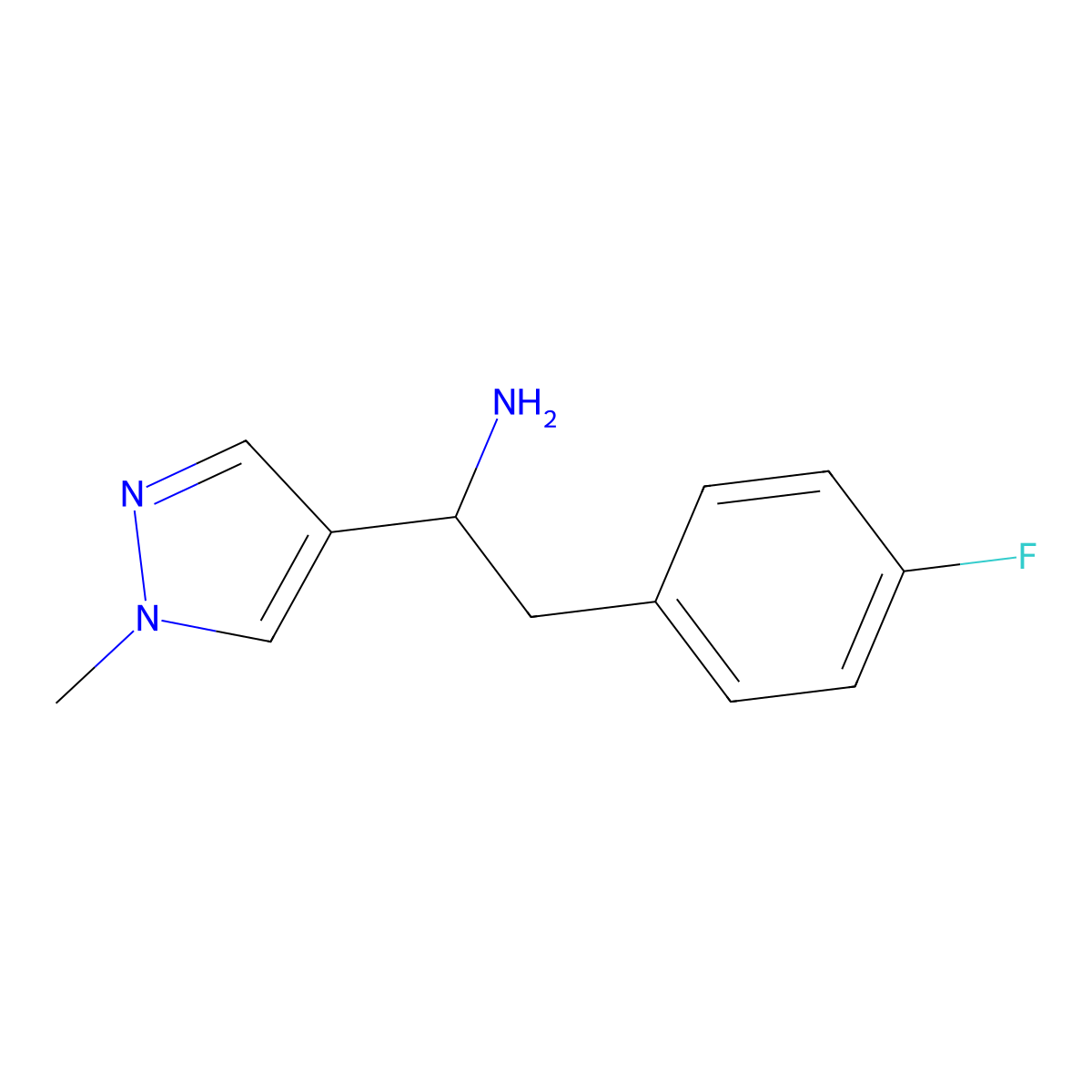 2-(4-fluorophenyl)-1-(1-methyl-1H-pyrazol-4-yl)ethan-1-amine molecular structure, CAS 1152554-04-5