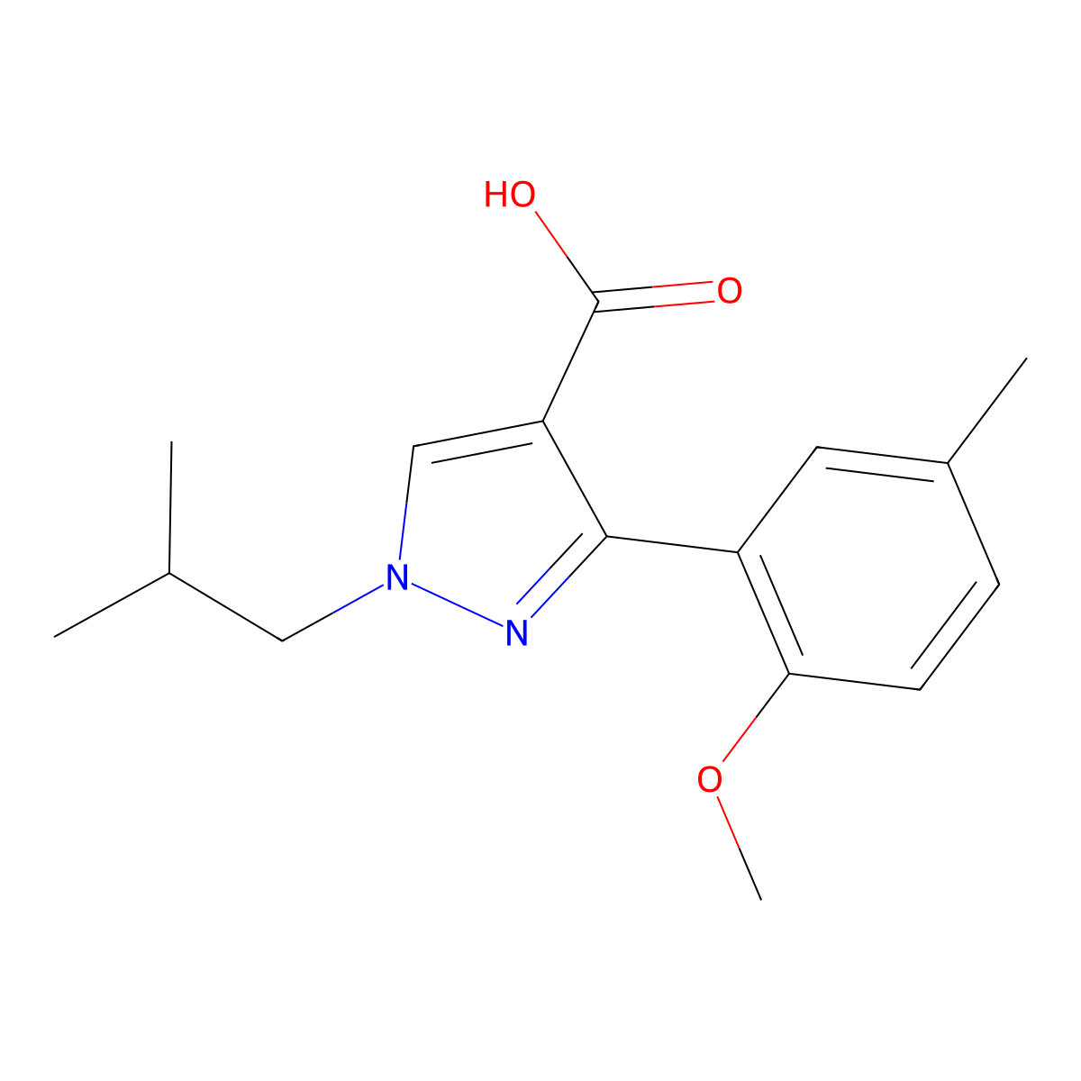 3-(2-methoxy-5-methylphenyl)-1-(2-methylpropyl)-1H-pyrazole-4-carboxylic acid molecular structure, CAS 1152578-50-1
