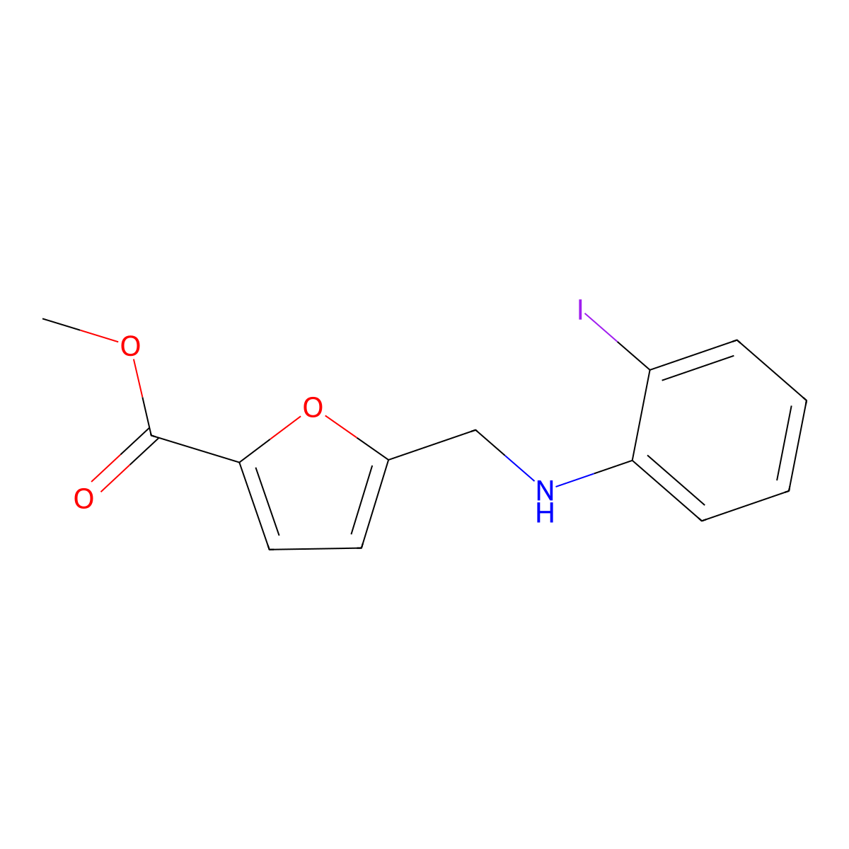 Methyl 5-[[(2-iodophenyl)amino]methyl]-2-furancarboxylate molecular structure, CAS 1152634-58-6