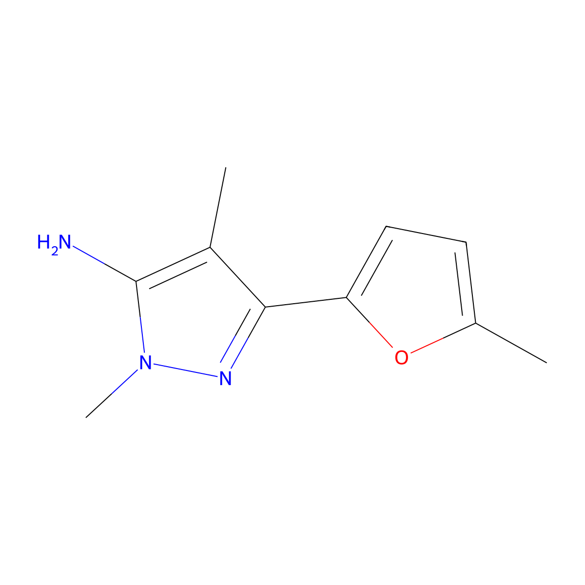 1,4-dimethyl-3-(5-methylfuran-2-yl)-1H-pyrazol-5-amine molecular structure, CAS 1152682-87-5