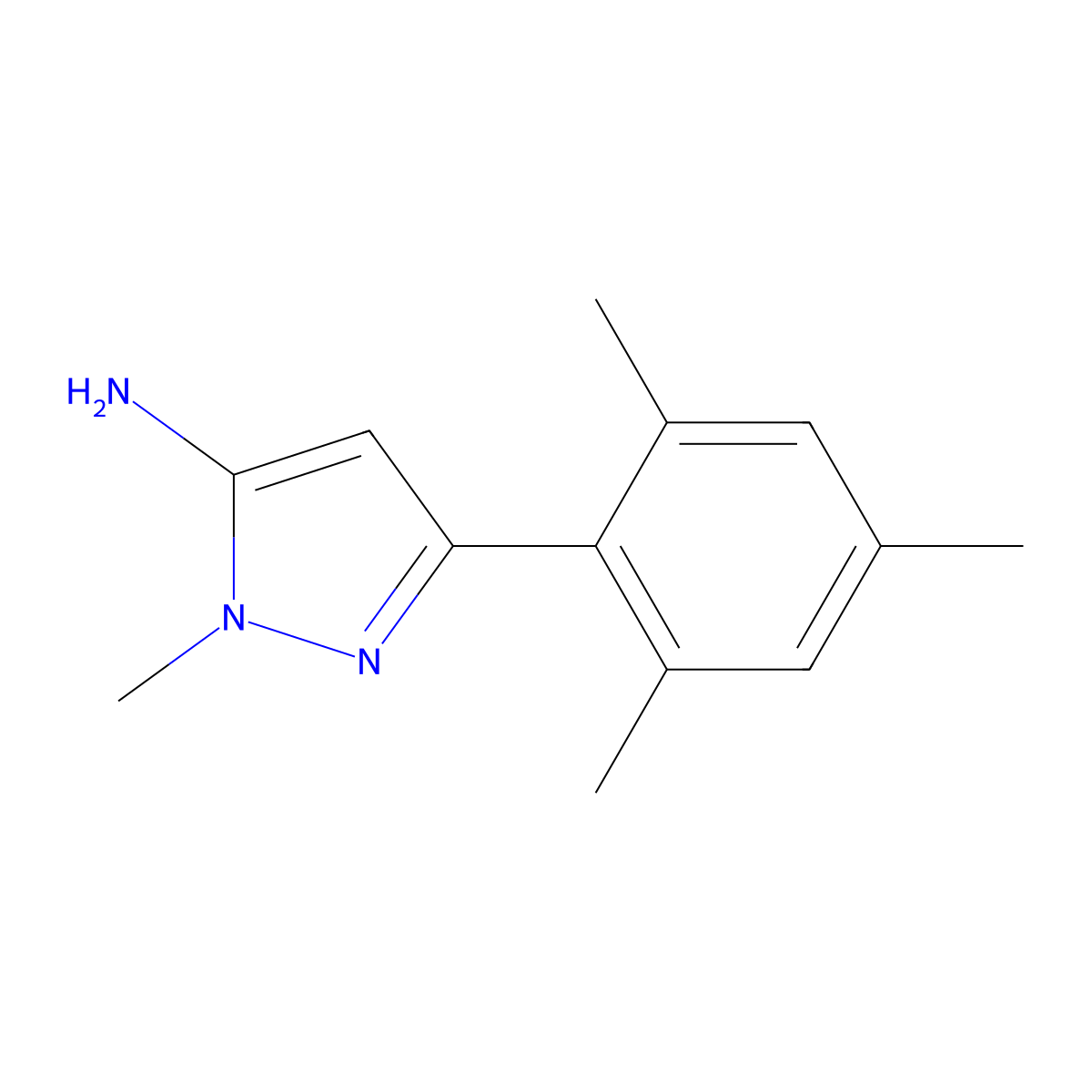 1-Methyl-3-(2,4,6-trimethylphenyl)-1H-pyrazol-5-amine molecular structure, CAS 1152709-54-0