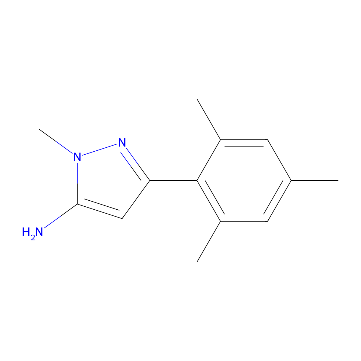 1-Methyl-3-(2,4,6-trimethylphenyl)-1H-pyrazol-5-amine molecular structure, CAS 1152709-54-0