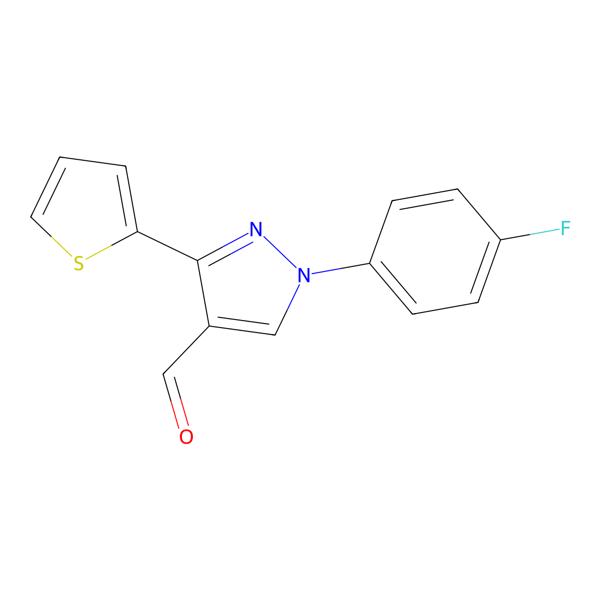 1-(4-fluorophenyl)-3-(thiophen-2-yl)-1H-pyrazole-4-carbaldehyde molecular structure, CAS 1152908-20-7