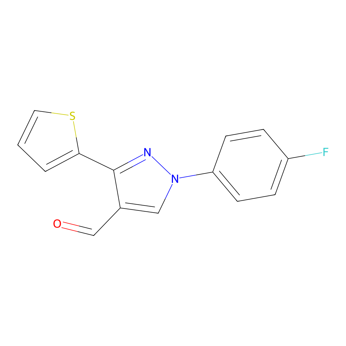 1-(4-fluorophenyl)-3-(thiophen-2-yl)-1H-pyrazole-4-carbaldehyde molecular structure, CAS 1152908-20-7