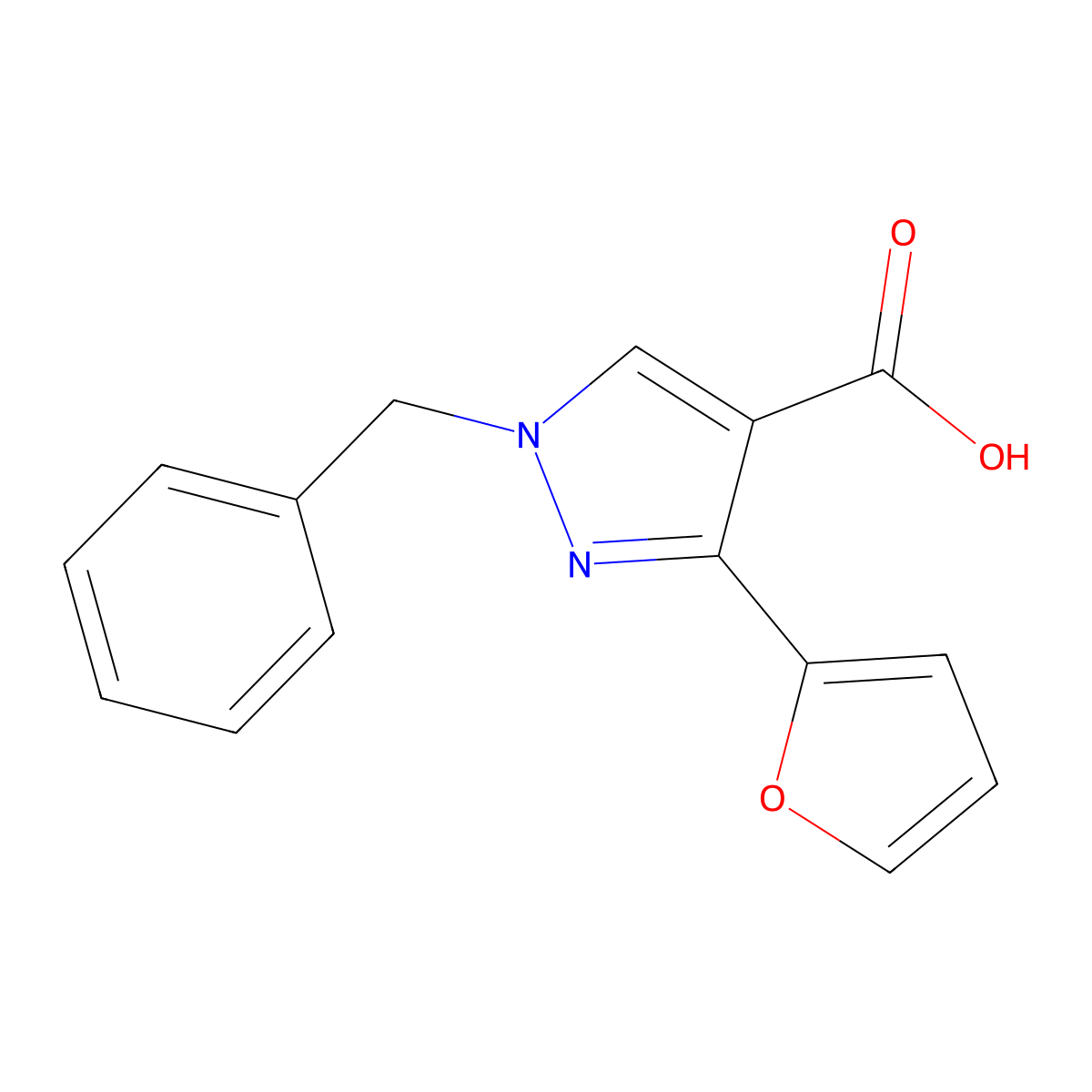 1-Benzyl-3-(furan-2-yl)-1H-pyrazole-4-carboxylic acid molecular structure, CAS 1152909-13-1