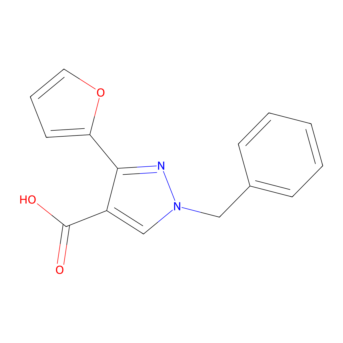 1-Benzyl-3-(furan-2-yl)-1H-pyrazole-4-carboxylic acid molecular structure, CAS 1152909-13-1