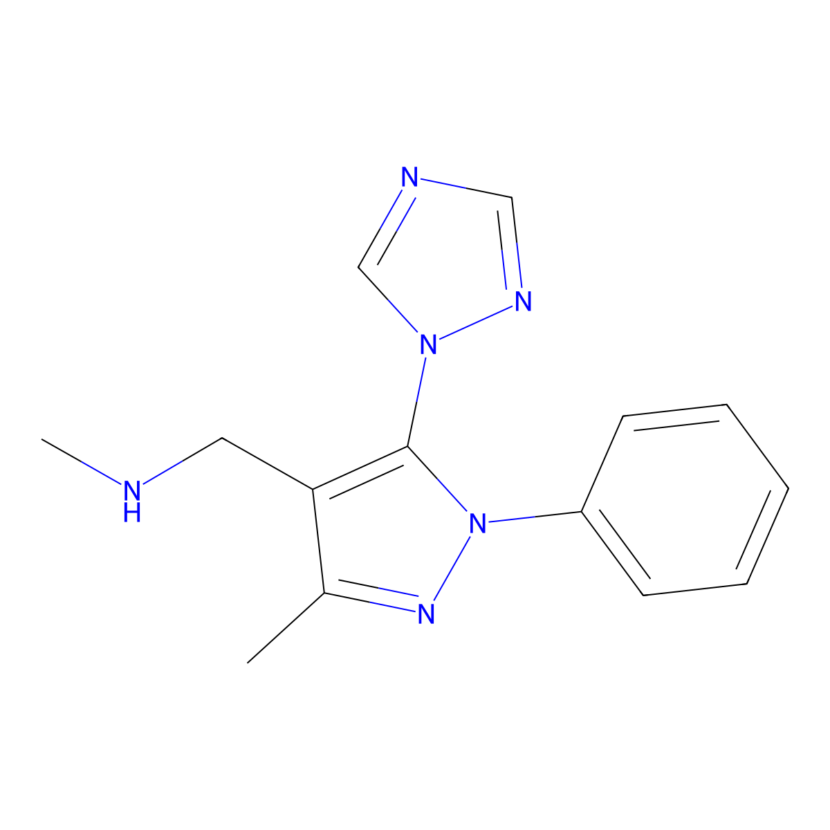 methyl({[3-methyl-1-phenyl-5-(1H-1,2,4-triazol-1-yl)-1H-pyrazol-4-yl]methyl})amine molecular structure, CAS 1152915-79-1