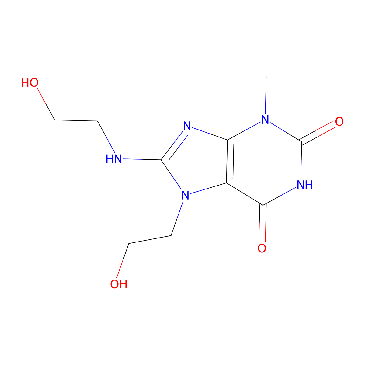 7-(2-Hydroxyethyl)-8-((2-HO-ethyl)amino)-3-ME-3,7-dihydro-1H-purine-2,6-dione molecular structure, CAS 115294-86-5